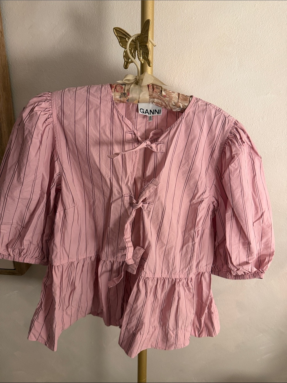 Ganni Pink Striped Tie-Front Peplum Blouse